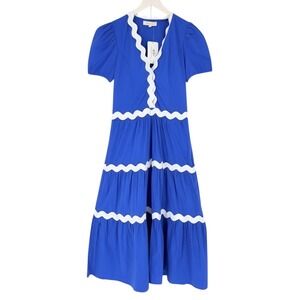 NEW Franco Boutique Blue Ric Rac Puff Sleeve Midi Dress Size Medium